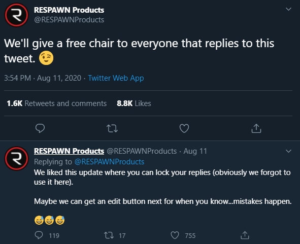 15/ Sometimes you make mistakes on purpose and that leads to amazing results.Here is the closest thing we've had to a 'viral' moment and although we might have strung our followers along, 99% of them knew that it was a joke (and we even did give some free chairs away).