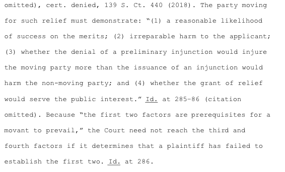 Residents needed to demonstrate four main points in order for injunction to pass. The court decided that the first two points did not stand up to scrutiny, and so the last two were not discussed.