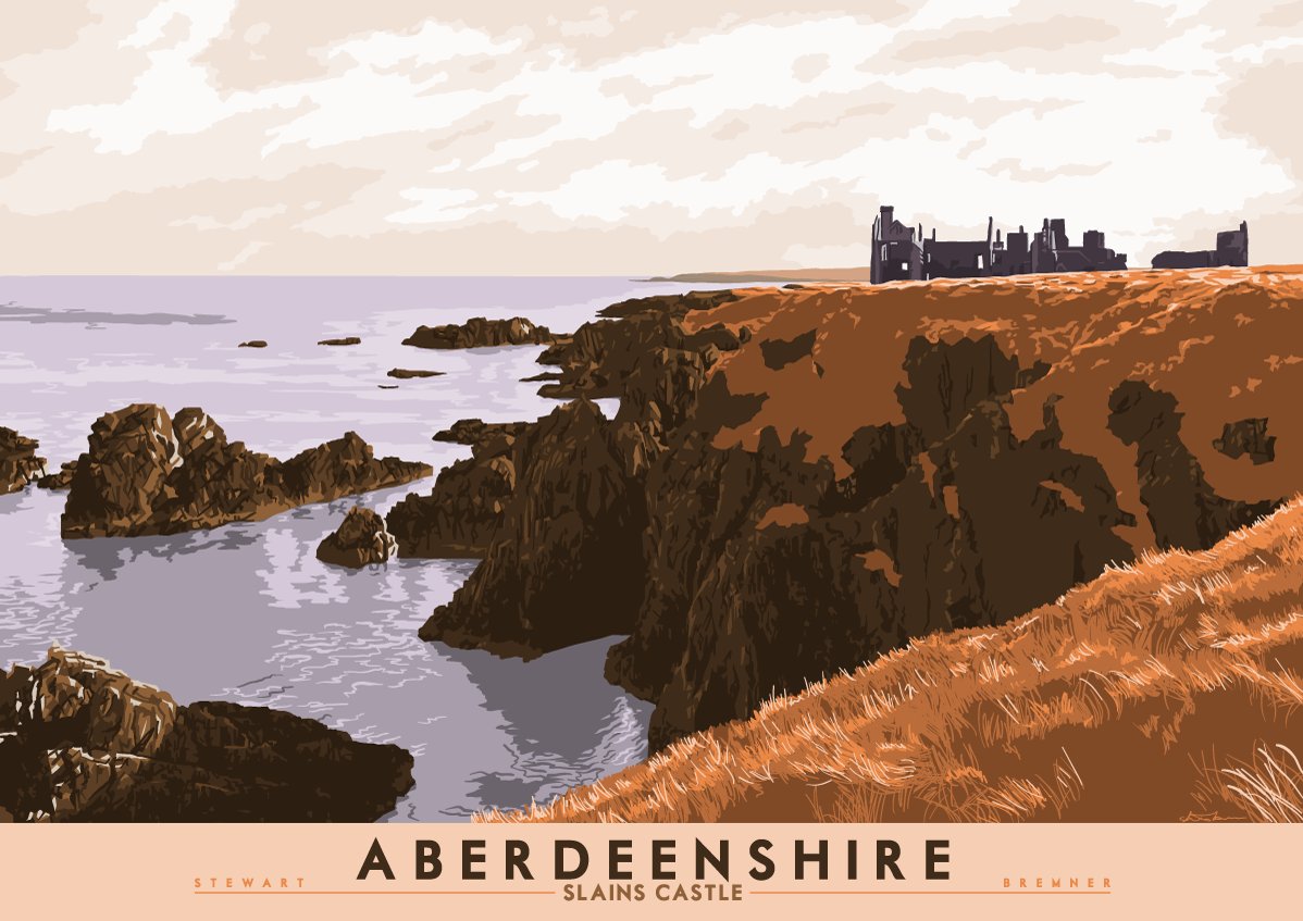 Ah. If I was playing attention I might have stayed in the north east for two in a row, but oooh no. Here we are at another ruined castle, this time it's Slains. Oooo! It's orange! YES! Natural 1 – Artistic 0. Again. Oh dear.  https://indy-prints.com/collections/landscape-posters/products/aberdeenshire-slains-castle