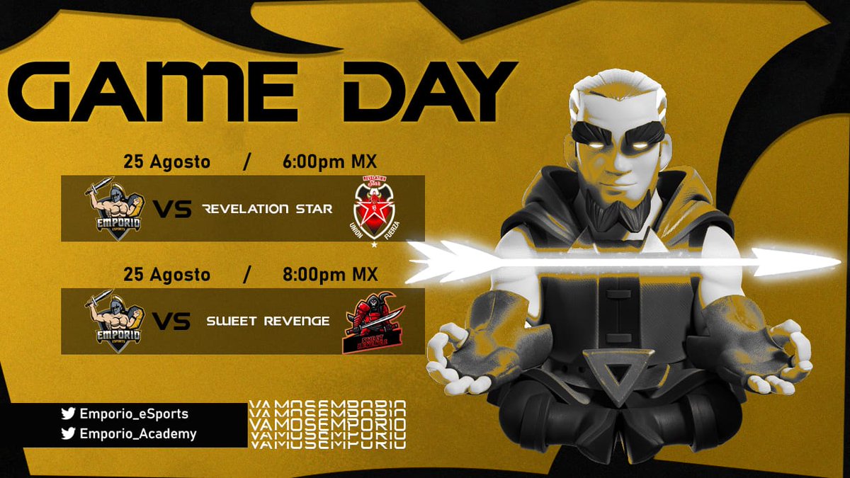Emporio Academy (@emporio_academy) on Twitter photo ¡GAME DAY!
🏆 Black League
📆 6:00 pm 🇨🇴🇲🇽🇵🇪
🆚<a href="/_RevelationStar/">Revelation Star</a>
🏆 Acuacultura League
📆 8:00 pm 🇨🇴🇲🇽🇵🇪
🆚<a href="/SweetRevenge49/">Sweet Revenge</a>
⚔️Hoy nuestro equipo ira por dos victorias importantes⚔️
#ClashRoyale
#VamosEmporio ¡GAME DAY!
🏆 Black League
📆 6:00 pm 🇨🇴🇲🇽🇵🇪
🆚<a href="/_RevelationStar/">Revelation Star</a>
🏆 Acuacultura League
📆 8:00 pm 🇨🇴🇲🇽🇵🇪
🆚<a href="/SweetRevenge49/">Sweet Revenge</a>
⚔️Hoy nuestro equipo ira por dos victorias importantes⚔️
#ClashRoyale
#VamosEmporio