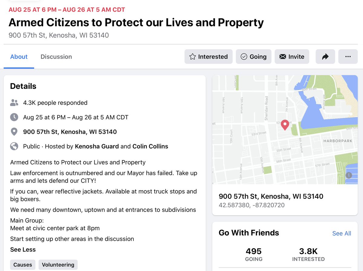 Facebook event 'Armed Citizens to Protect our Lives and Property' has people in  #Kenosha planning to go out and confront protesters/rioters. Event page:  https://www.facebook.com/events/1480306495505252