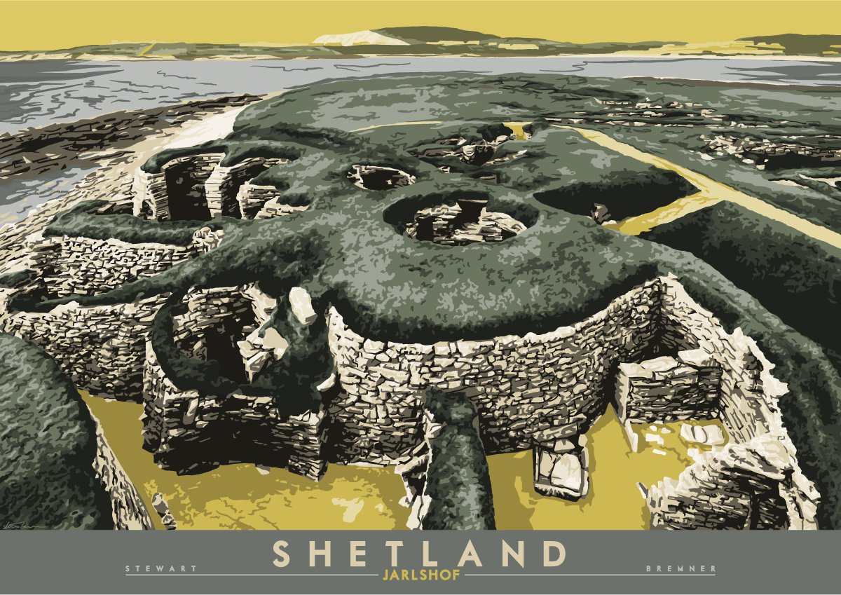 An island! Wow. Here's a Very Old Place, that was for some reason named by Walter Scott. Weird. Anyway, this is Jarlshof, near the southern end of Shetland.  https://indy-prints.com/collections/landscape-posters/products/shetland-jarlshof