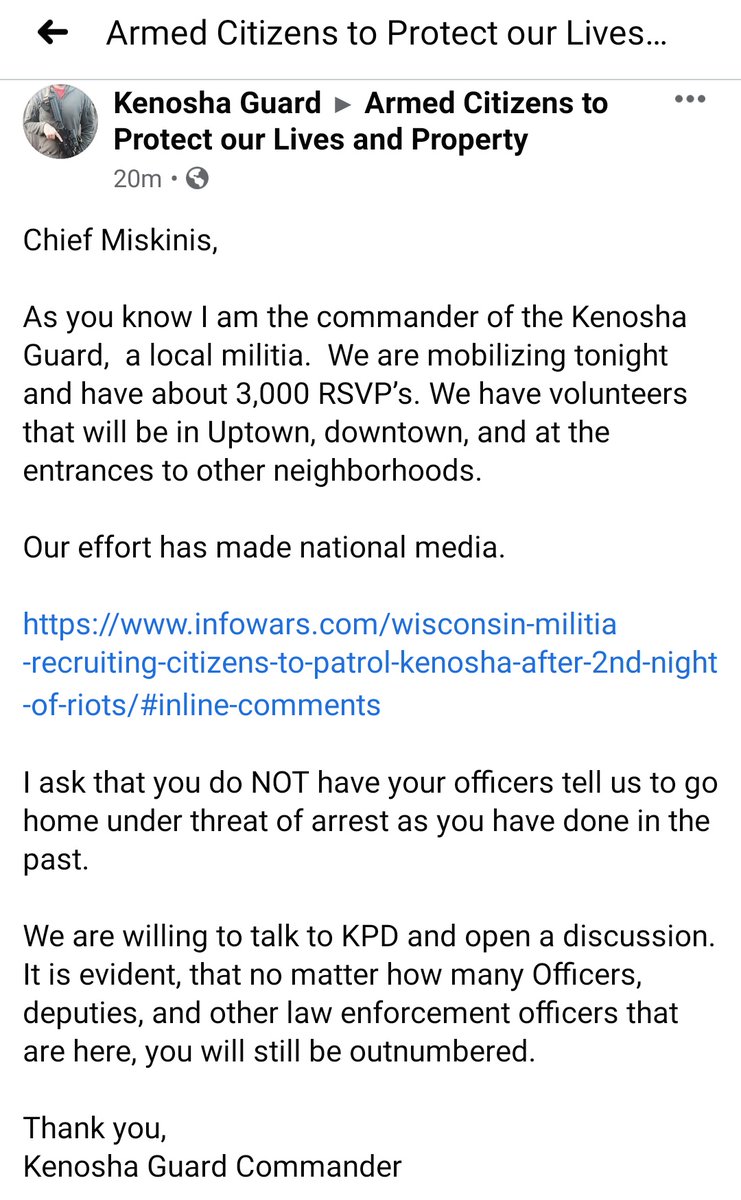 Citizens are planning to be armed and ready. This isn't Portland.  #Kenosha