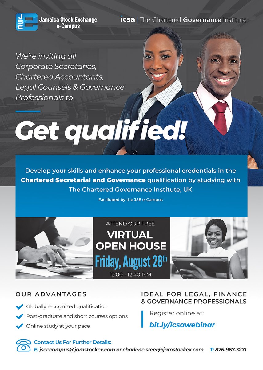 CampusJSE's tweet photo. This Friday, August 28th, We will be hosting a virtual Open House for The Chartered Governance Institute's (UK) globally recognized Chartered Secretarial and Governance qualification, offered by the JSE e-Campus. Join us to explore the programme https://t.co/czyFvmoPRN. #JSEe https://t.co/VSPsbdRxnq