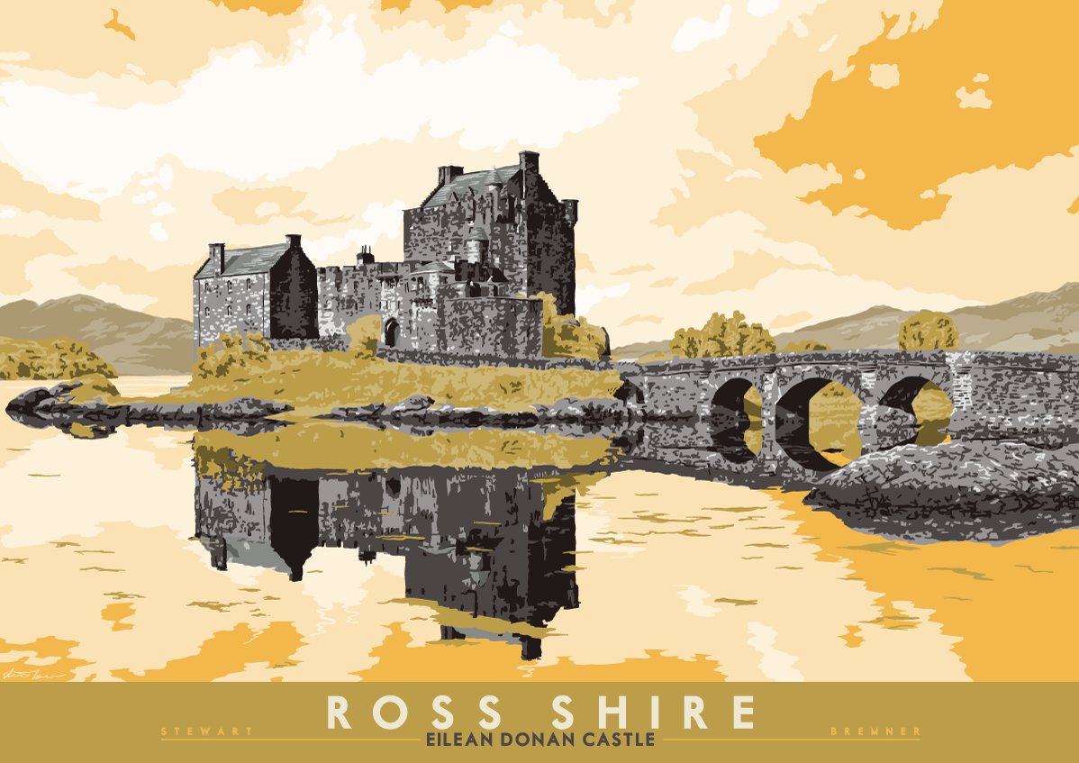 Ah, it's MI5's Scottish HQ, at least according to the makers of James Bond films. I think, maybe, they got a bit mixed up on this one. Eilean Donan Castle! Warm summer colours!  https://indy-prints.com/collections/landscape-posters/products/ross-shire-eilean-donan-castle