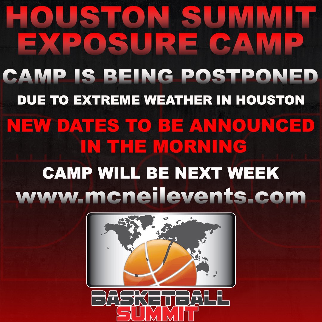 BBall_Summit's tweet photo. Camp is being postponed. More information coming in the morning. Plan is to resume next week. #HoustonSummit #basketballcamp https://t.co/czYhJxCu5F