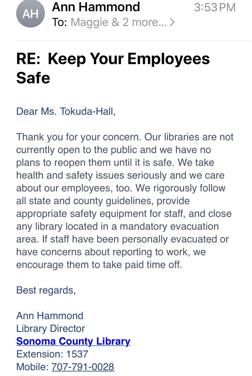 I got a deeply misleading email back. If you wrote you probably did too. Firstly, employees are not being given PTO for the fires. They're allowed to use their own sick time or their vacation time, which is PTO not earmarked for ***employers*** to dip into in case of emergency.