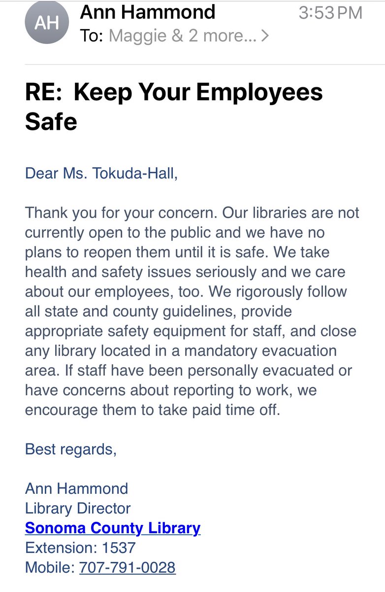 Secondly, the libraries aren't open for normal business but ARE for curbside pick up, which is still staffed by human beings who have to go into those libraries.Curbside is not CLOSED, and it's dishonest to characterize it as such.