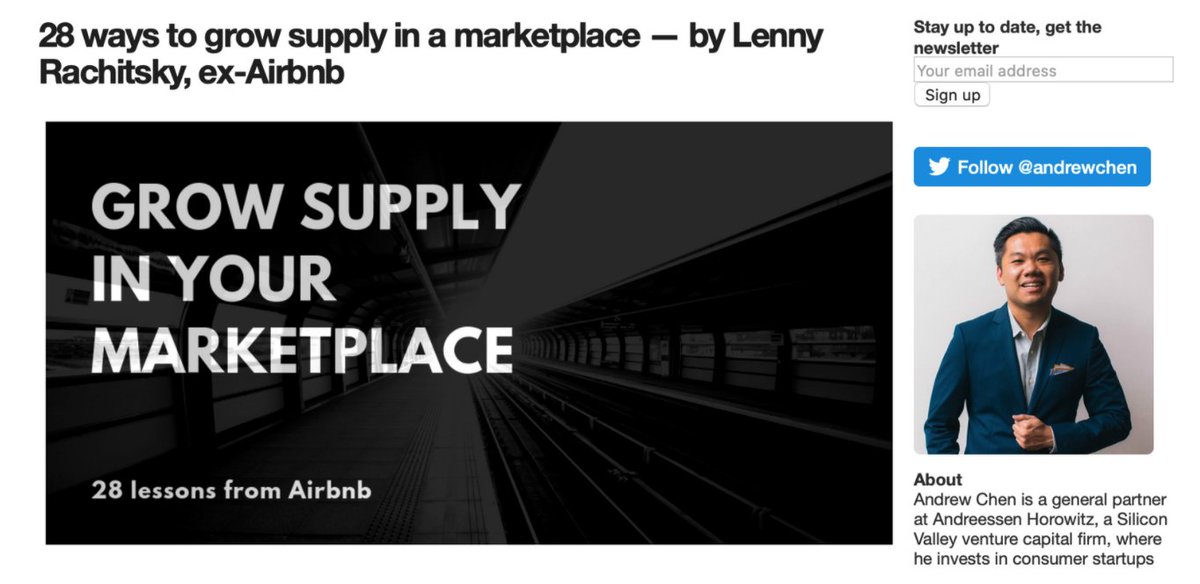 5/ Avenues of Growth Lenny's first breakthrough was when  @andrewchen reached out to feature an article on his blog. Lenny was also featured in First Round. Both of these guest posts overlapped with his target audience. Alongside Twitter, this grew the audience to 3000+.