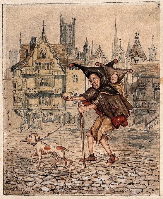 6/nDogs may have worked with  #disabled performers.In this illustration, the dog leads a Blind performer, who extends a begging bowl and has a child on his back. The dog himself holds a begging bowl in his mouth. #DisHist  #ArtHistory  #NationalDogDay  #envhist