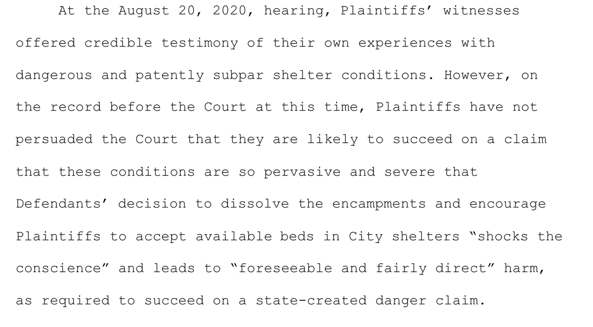 the court acknowledges "credible testimony" of "dangerous and patently subpar shelter conditions", but does not believe it reaches "shocks the conscience" levels of bad. This is a rebuttal for the state-created danger claim, outlined right.