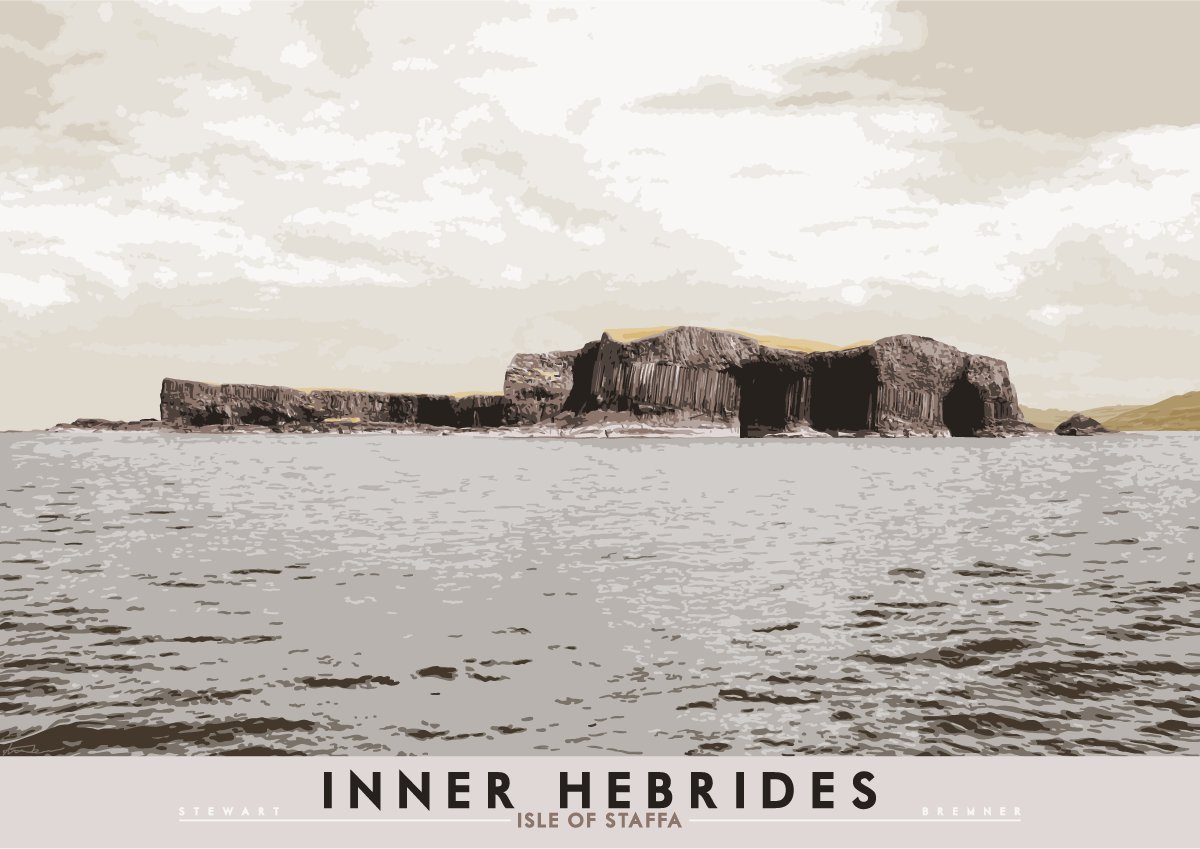 Since I mentioned an island just then, here's Staffa. If you squint again, you'll see Finnegan's Cave on the right.  https://indy-prints.com/collections/landscape-posters/products/inner-hebrides-isle-of-staffa