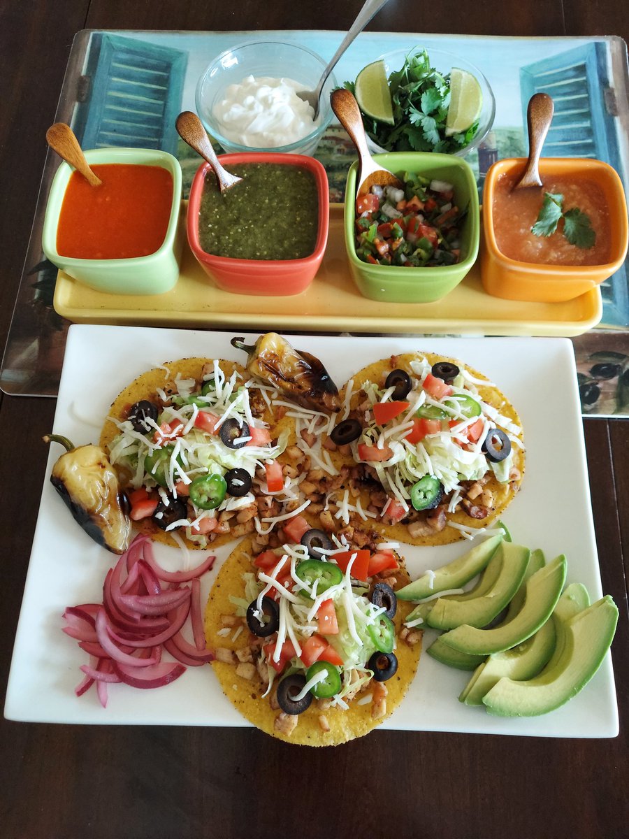 <a href="/ICanCookThis/">ChefStef_ICanCookThat👩🏻‍🍳🍷</a> @MillersMustard It's Tostada Tuesday for me!! Grilled Chicken, four homemade salsas and all the trimmings!