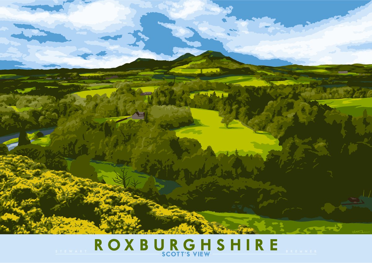 I like to try and draw views from all across Scotland. The ones I've drawn from south of Edinburgh have not proved popular, such as this never-selling view, known as, uh, Scott's View. That's Walter again and too many uses of 'view'.  https://indy-prints.com/collections/landscape-posters/products/roxburghshire-scotts-view