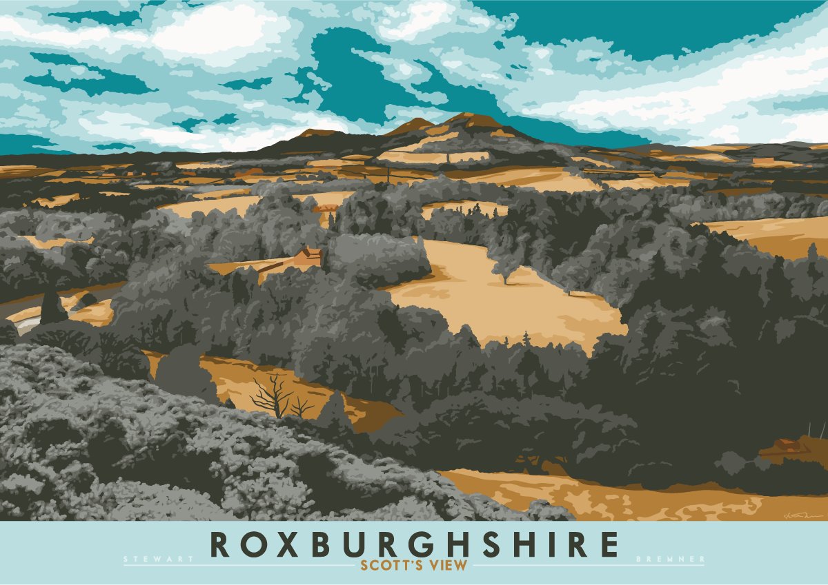 I like to try and draw views from all across Scotland. The ones I've drawn from south of Edinburgh have not proved popular, such as this never-selling view, known as, uh, Scott's View. That's Walter again and too many uses of 'view'.  https://indy-prints.com/collections/landscape-posters/products/roxburghshire-scotts-view