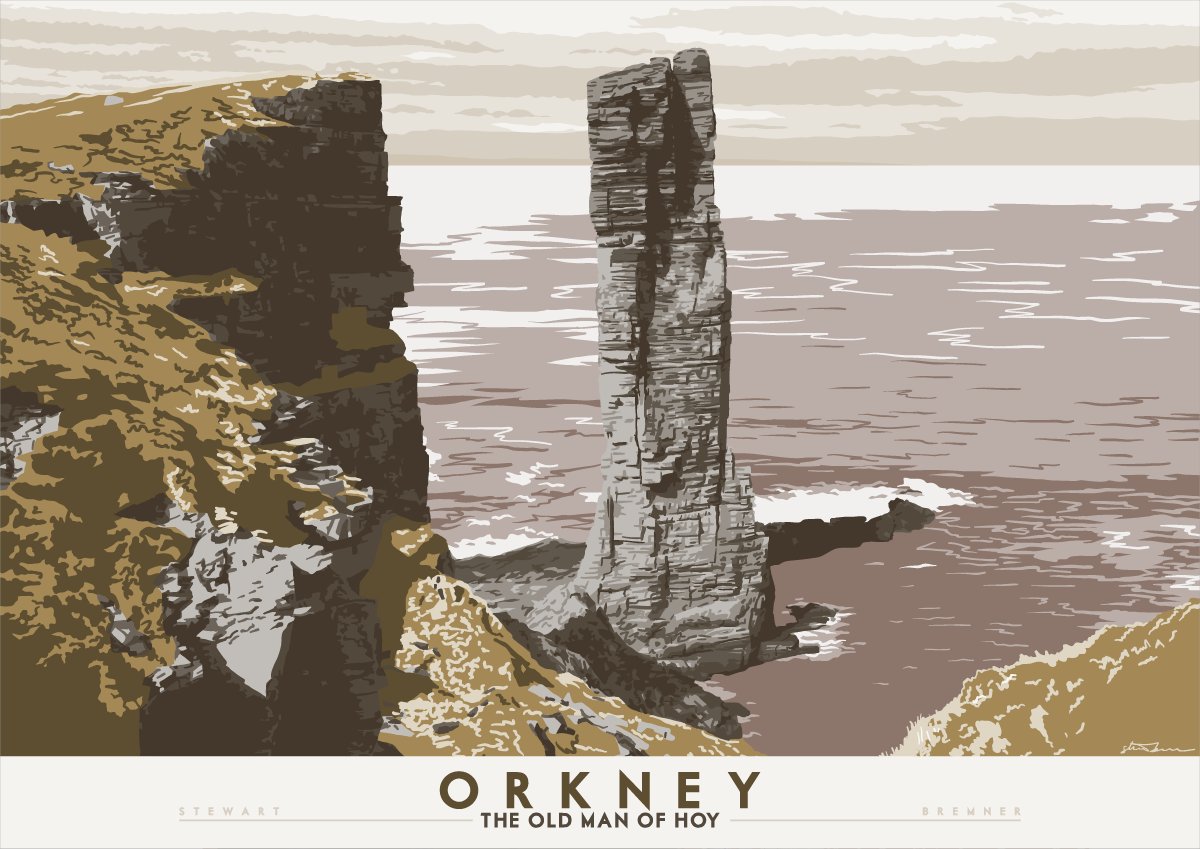 From south to the far north and Orkney. Hoy is the second largest island and is the sight of a famous sea stack, once climbed by that nice man from Blue Peter.  https://indy-prints.com/collections/landscape-posters/products/orkney-the-old-man-of-hoy