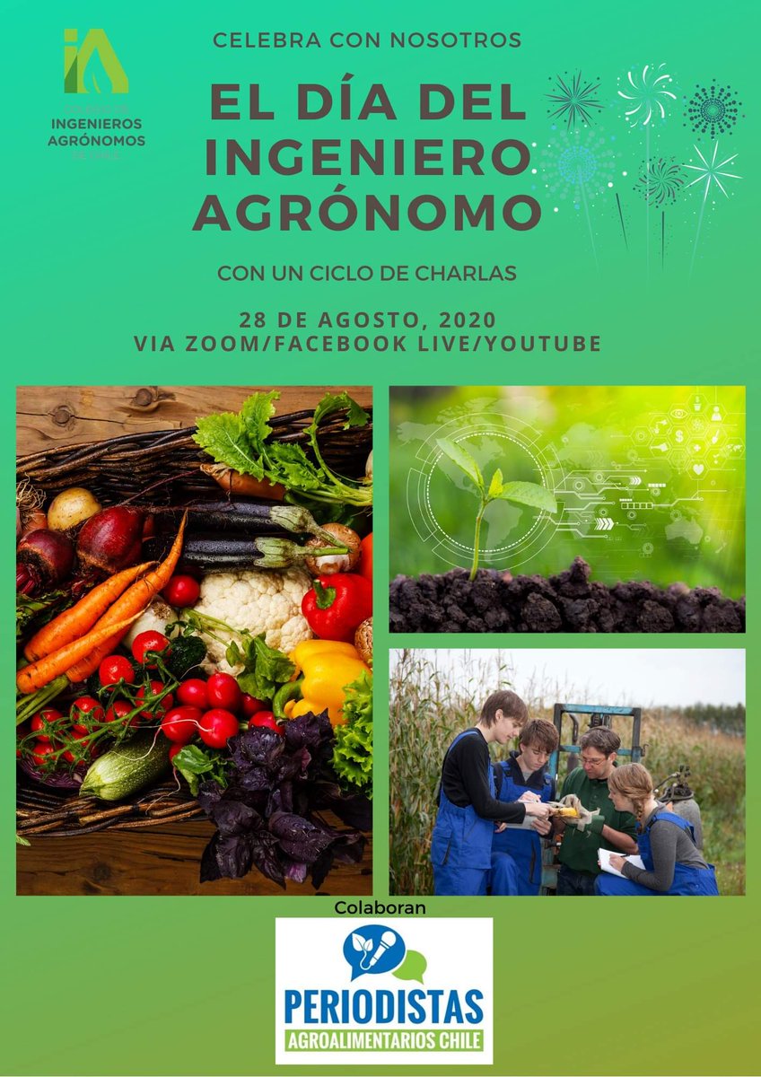 Este 28 agosto celebremos el día del Ingeniero Agrónomo 
desde las 10:00 hrs Chile

La primera de las charlas x <a href="/ChiribogaHernan/">Hernán Chiriboga</a> Representante del <a href="/IICAChile/">IICAChile</a> "Formando Agrolíderes" junto <a href="/agroseguel/">Alvaro Seguel Valdes</a> de <a href="/elagroenlinea/">El Agro En Línea ®</a> y la red de  <a href="/PeriodistasAgro/">Periodistas Agroalimentarios Chile</a> de Chile
Invita <a href="/IngAgronomoCL/">Colegio Ingenieros Agrónomos de Chile</a>