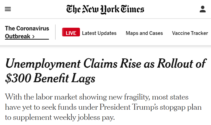 Last week, after weeks of gradually slowing job losses, the number of new jobless claims started speeding up again. Many see increasing signs that the lack of spending from Congress is hampering the recovery, and it is likely to get worse without a new deal. 5/