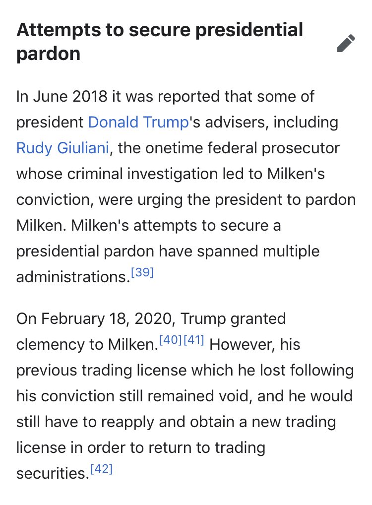98/ MICHAEL MILKENIndicted for Securities fraud in the 1980s, stemming from a RICO investigation ...started by Rudy GiulianiThen in 2018 Rudy was reportedly urging  @realDonaldTrump to pardon him-which  @POTUS did in 2020, well after his release in 1993 