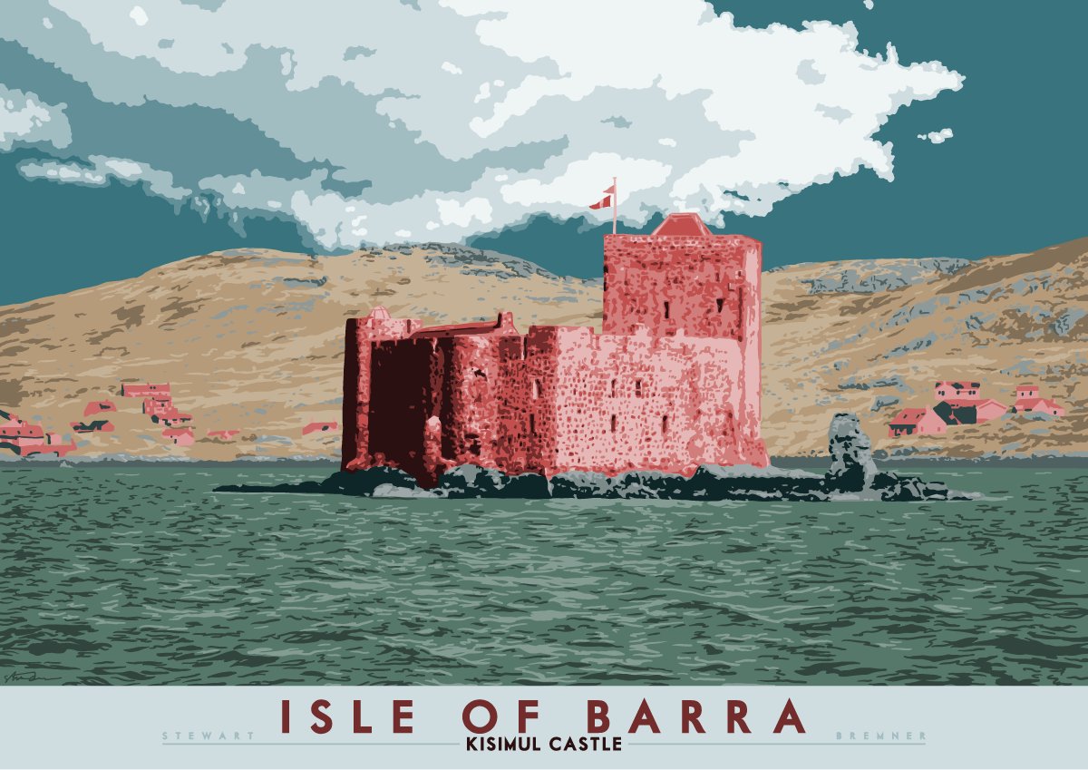 Oh. An island castle now. Such rare. Kisimul is on Barra. It's N1-A0. So not quite an art fail like the last two. Although that red… uh. Okay Bremner. Wait, even the saltire? Uh. Right.  https://indy-prints.com/collections/landscape-posters/products/isle-of-barra-kisimul-castle