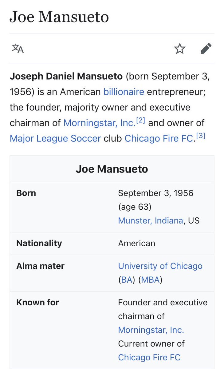 99/ JOE MANSUETOEntrepreneur - Founded financial investment Morningstar; owns the Chicago Fire teamGave fuck all in donations, then a shitton after Obama - then fuck all againNot much I could turn up on him...