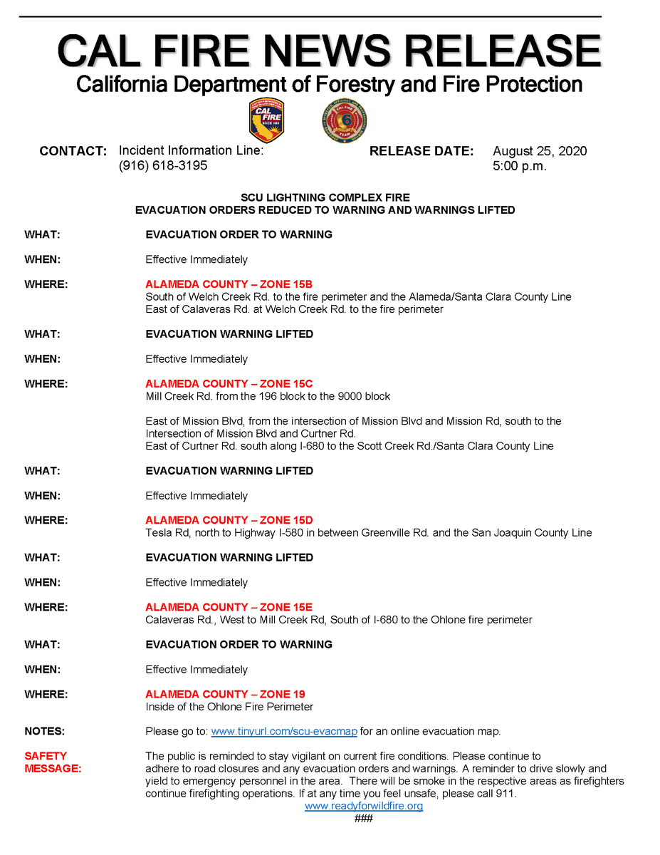 calfireSCU's tweet photo. #SCULightningComplex | Evacuation Order Reduced to Warning and Warning Lifted | Alameda County 08.25.20 - Zone 15B, 15C, 15D, 15E and 19 https://t.co/CdgltbCN95 https://t.co/VRuwuiEF4i