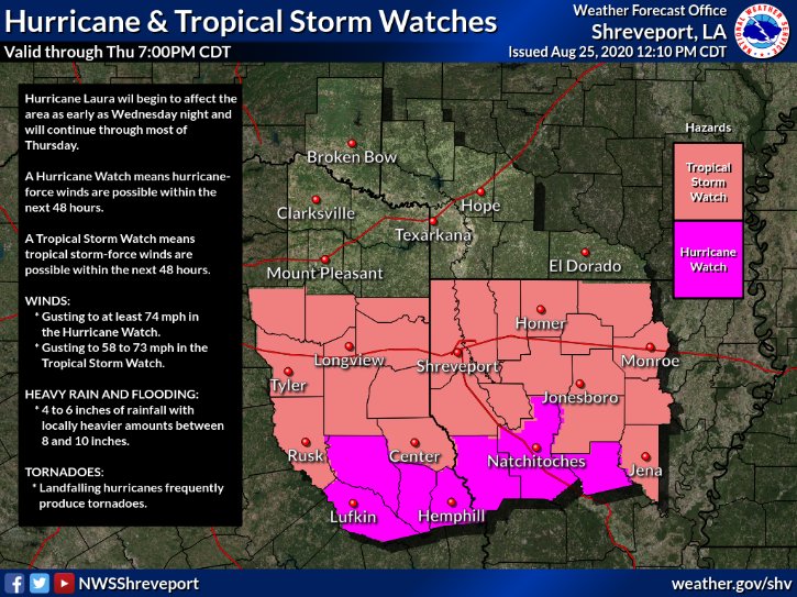 A Hurricane watch has been issued by the National Weather Service in Shreveport.  

The storm will begin to impact our area as early as Wednesday night and will continue into most of Thursday.