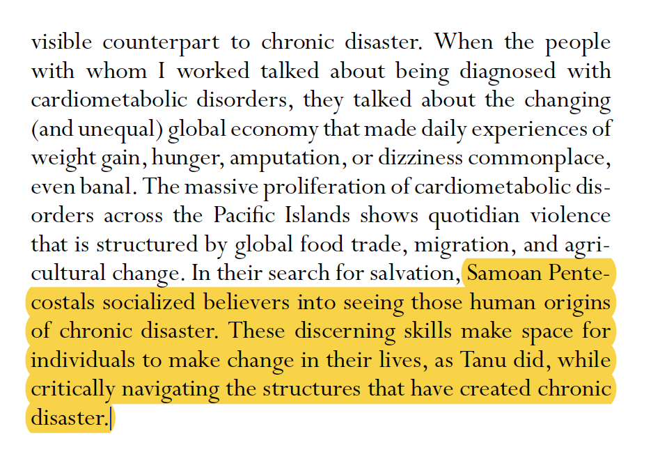 Next  @jessicaahardin analyzes narratives of pentecostal healing to show how people recognize the 'human creation of disaster,' identifying political leaders & global orgs as responsible for their suffering."Ceaseless Healing and Never‐Natural Disasters" https://anthrosource.onlinelibrary.wiley.com/doi/10.1111/aman.13445