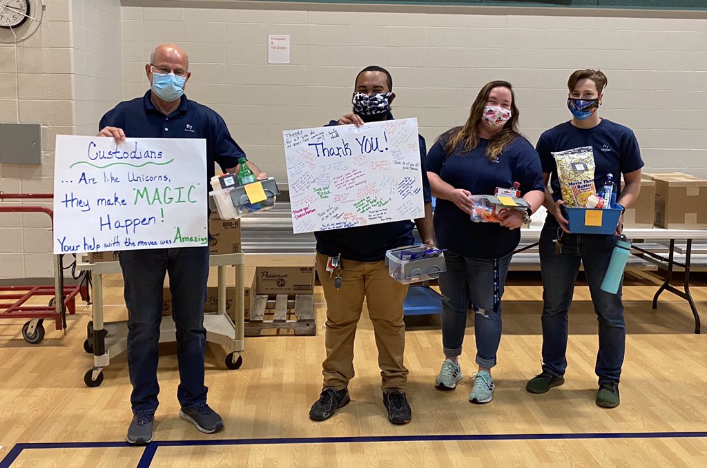 HPEprincipal's tweet photo. With 10 classrooms being shuffled in a few days, we celebrated and thanked our amazing custodial team today!! They have worked so hard, and with a smile! #hpestrong{er} #blessed #LSR7 https://t.co/4OmFExR4C5