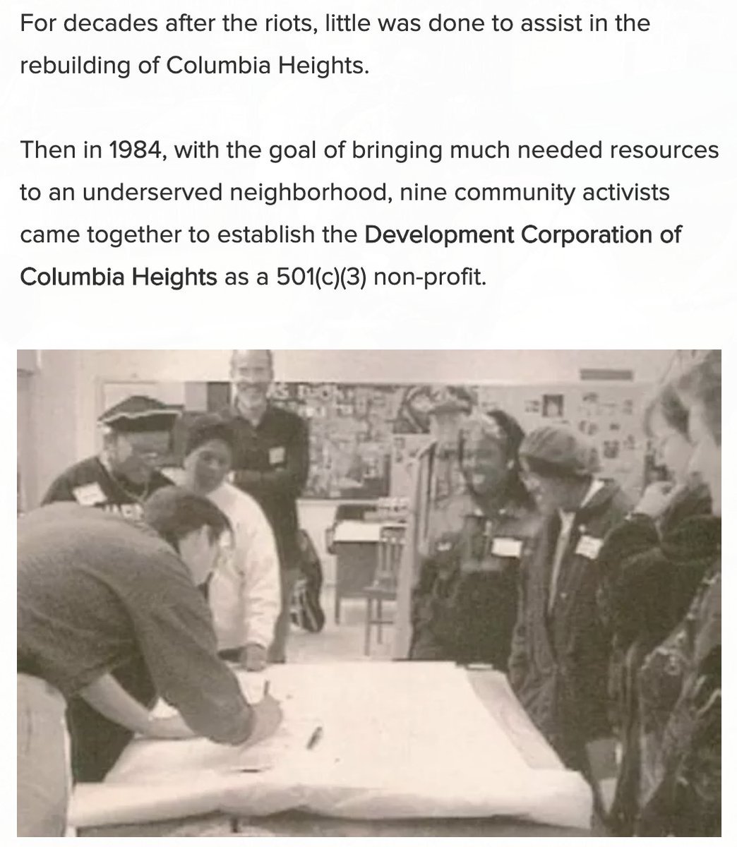 The '68 uprising left a lot of Columbia Heights in ruins. Racism & disinvestment caused that uprising and continued disinvestment let the area stay that way. In the decades after, local residents - many of which were associated w/ SNCC - came up with plans for revitalization.