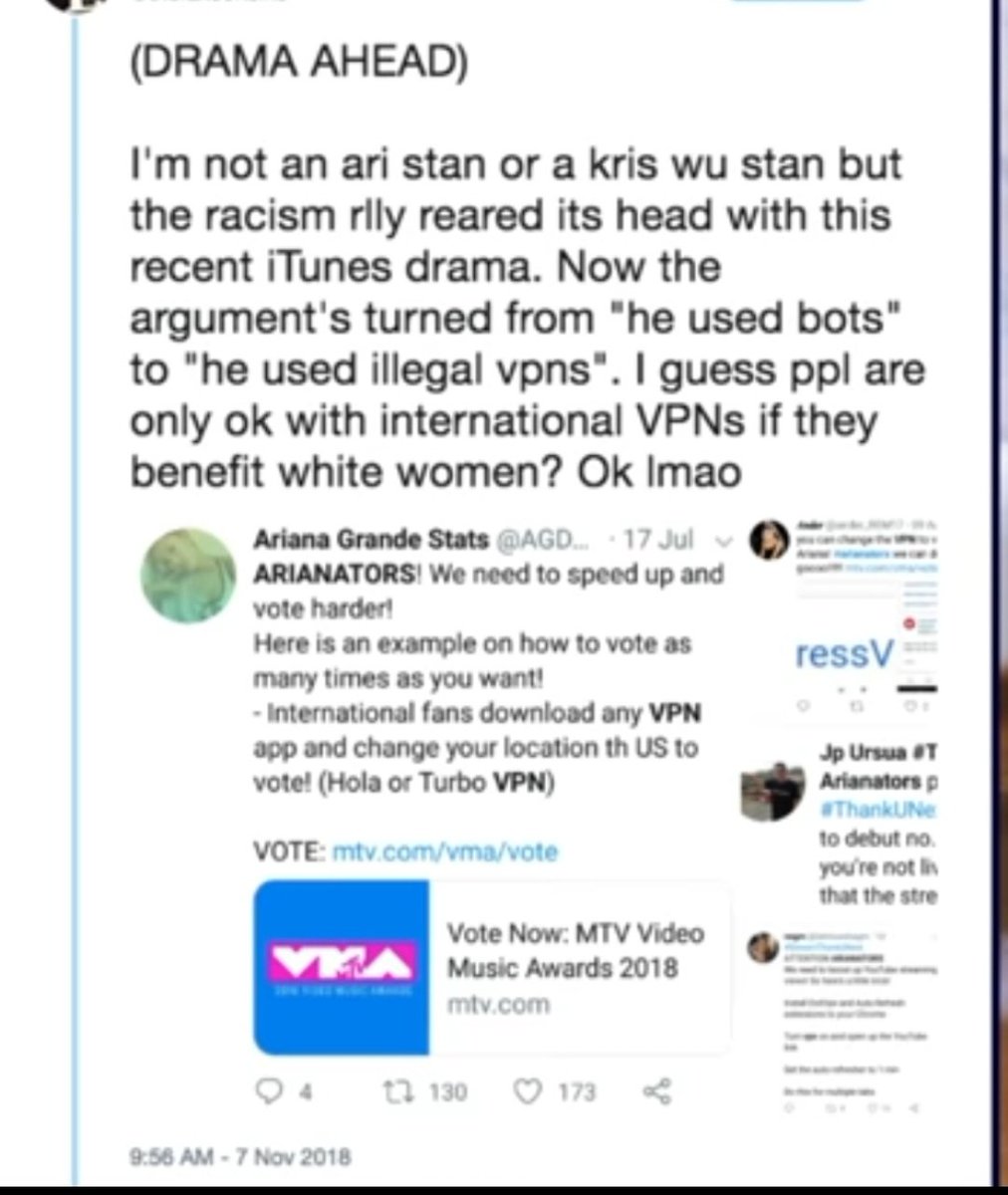 " Eu não sou uma ari stan ou kris wu stan porém o racismo realmente mostrou a sua cabeça com este recente itunes drama. Agora os argumentos mudaram de " ele usou bots" para " ele usou vpns ilegais". Eu acho que as pessoas só estão ok com vons internacionais quando eles+