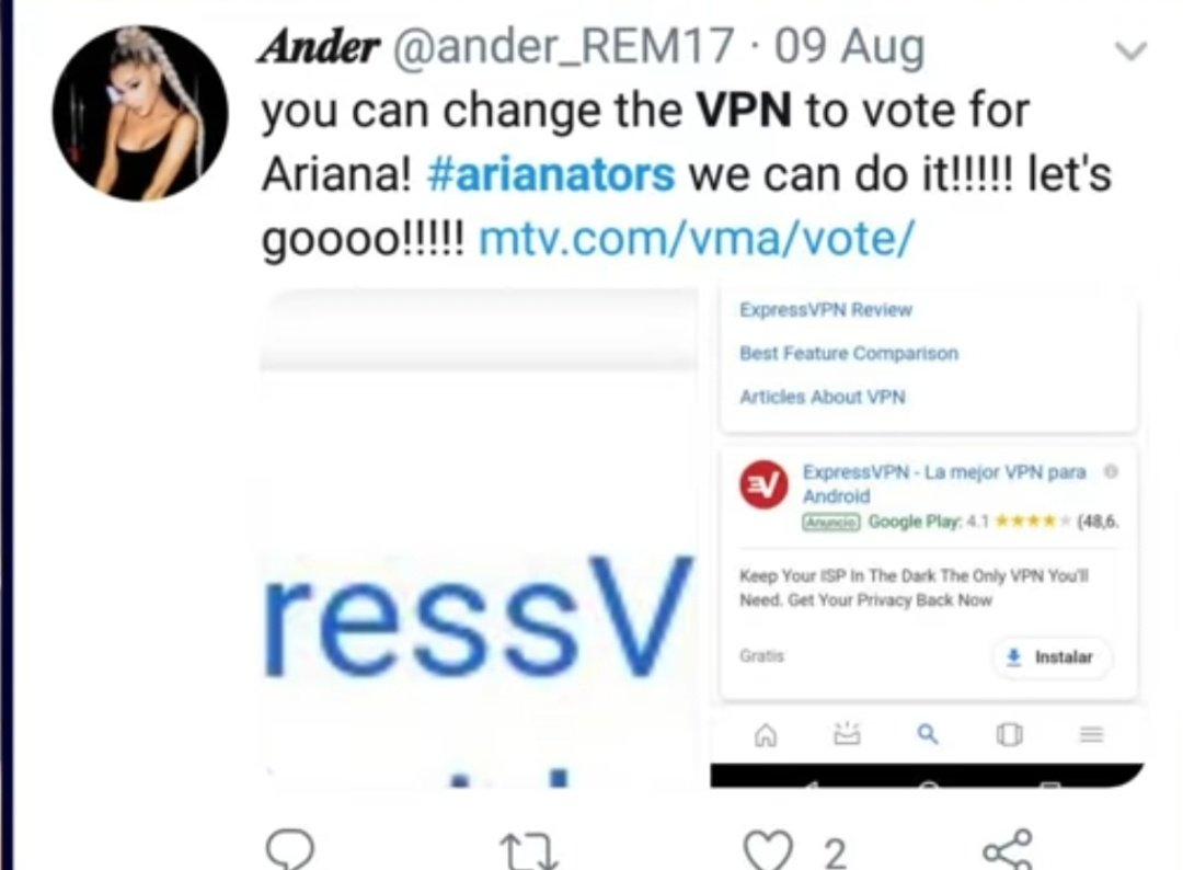 " Você pode mudar o VPN e votar pela a Ariana #/arianators nos podemos fazer isso!!!!Vamos la"