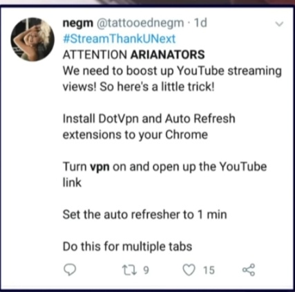 " Atenção Arianators Precisamos aumentar as visualizações de streaming do YouTube!Então aqui está um pequeno truque! Instale as extensões * apps de vpn* em seu Chrome Ligue o vpn e abra o link do YouTube Defina a atualização automática para 1 min Faça isso para várias guias