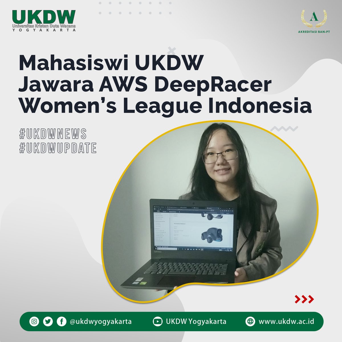 Nathania Saphira, mahasiswi Prodi Informatika UKDW Yogyakarta berhasil memenangkan AWS DeepRacer Women’s League Indonesia yg digelar pd 15/8/2020. Selanjutnya pd bln September akan bersaing di tingkat Asia Tenggara dgn para pemenang dari Singapura, Malaysia, Thailand, &amp; Filipina.