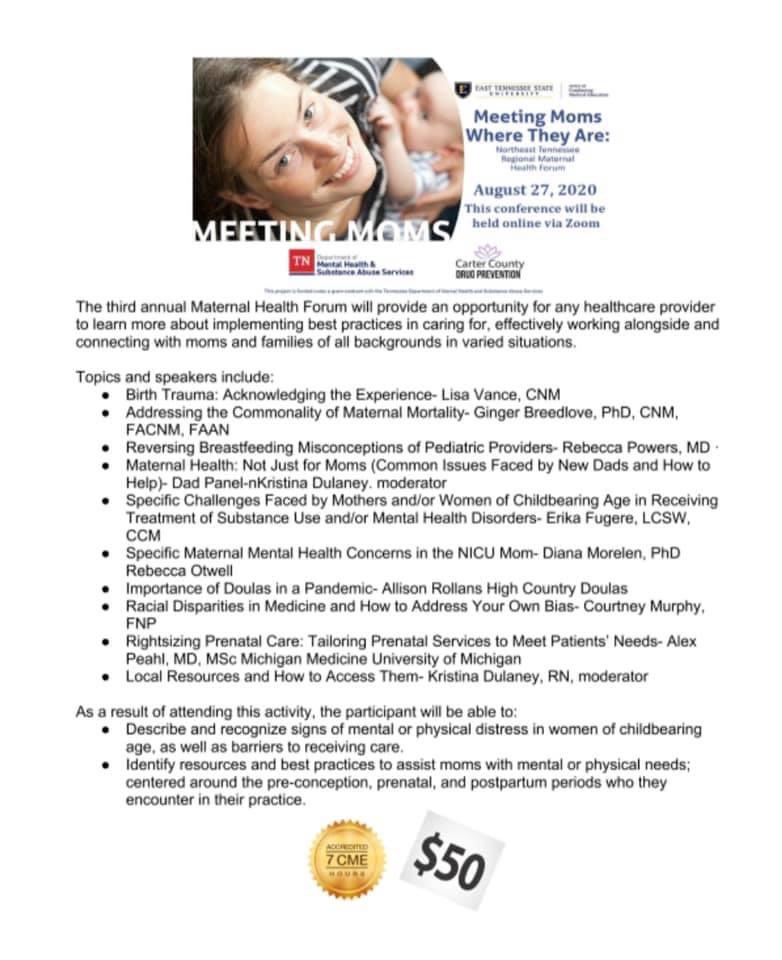 KristinaDulaney's tweet photo. Register now for our 3rd annual Maternal Health Forum! 7 CE’s available! 
#maternalhealth #maternalmentalhealth @GingerBreedlove @BalladHealth @TennesseePQC @TNDeptofHealth @SOCacrossTN @tnvoices @etsu @2020MomProject @ppstresscenter @PostpartumHelp @motherhoodnyc https://t.co/AU4eNIrjor