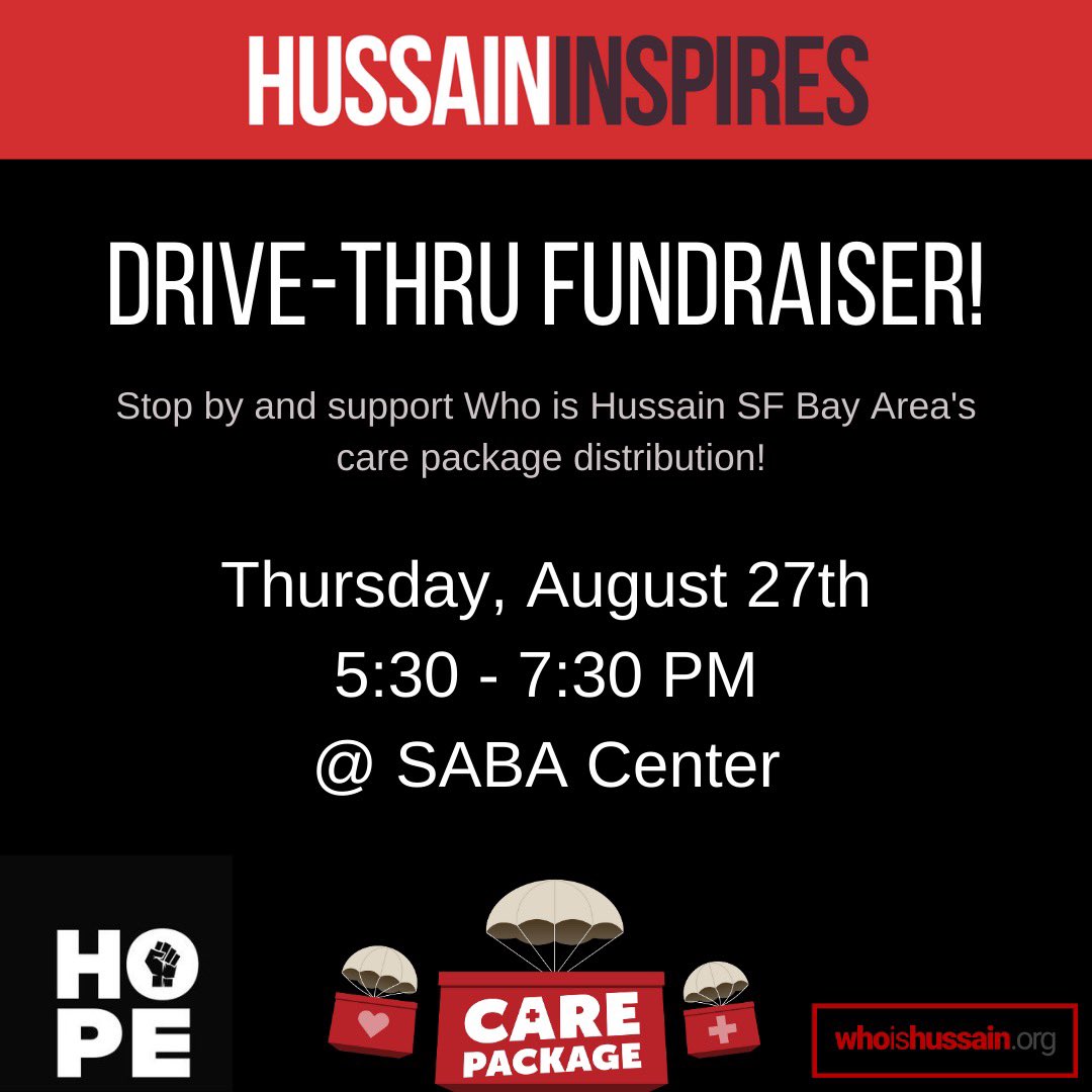 WhoIsHussain_SF's tweet photo. Please come buy a T shirt at our Drive-Thru at SABA center on Thursday! This is will be your last chance to get a #hussaininspires shirt as we are almost sold out. You will also have a chance to pre-order your #Hope hoodie/T shirt on Thursday before everyone else! https://t.co/S46GV1lubZ
