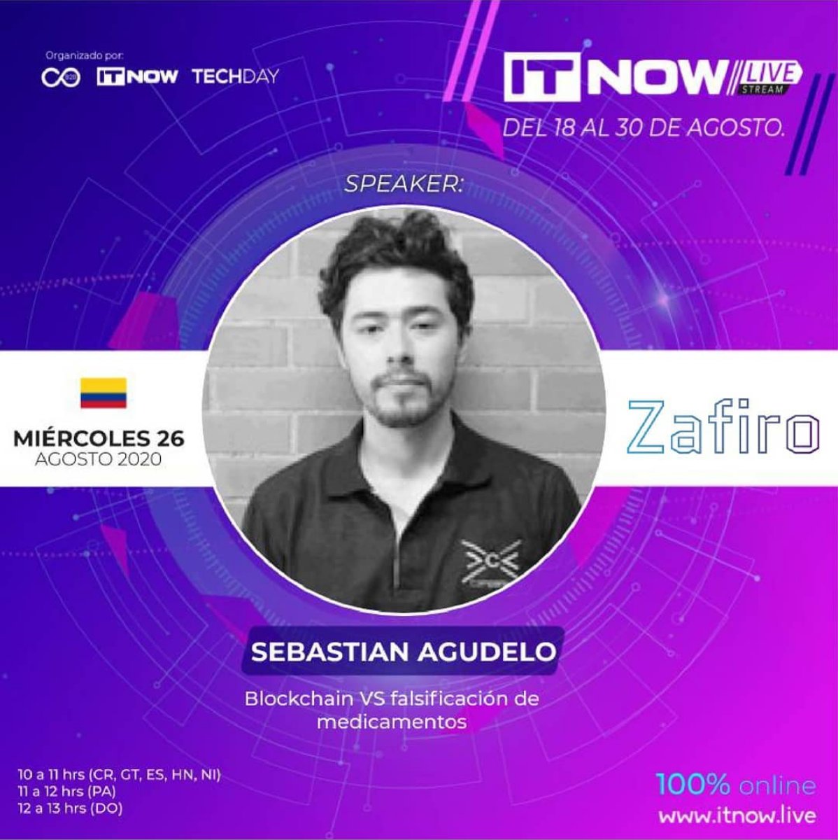 zafiroapp's tweet image. Los invitamos a que nos acompañen el miércoles 26 de agosto, en una charla que dara nuestro CEO Sebastián Agudelo donde hablará sobre blockchain VS falsificación de medicamentos.
11:00am  hora colombia
Registro:  feriasvirtuales.com.co/feria/MTAw/Njg2
#ITNOW, #companiax, #feria