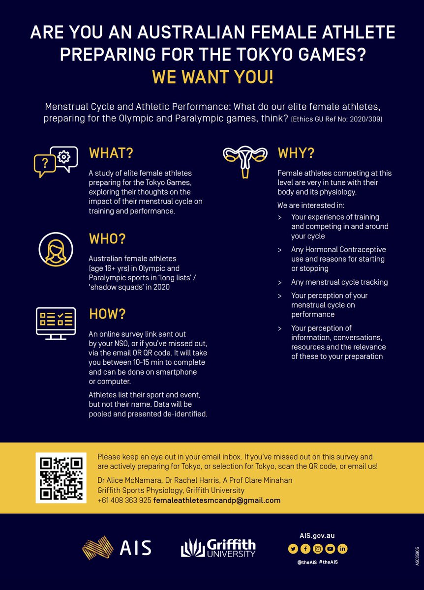 Elite female Aussie athlete preparing for the Tokyo Games? Last chance to answer this survey to better understand elite female athletes and the menstrual cycle. <a href="/Griffith_Uni/">Griffith University</a> &amp; <a href="/theAIS/">Australian Institute of Sport</a> survey ends Sept 30th - help spread the word. surveymonkey.com/r/R5GY7JD