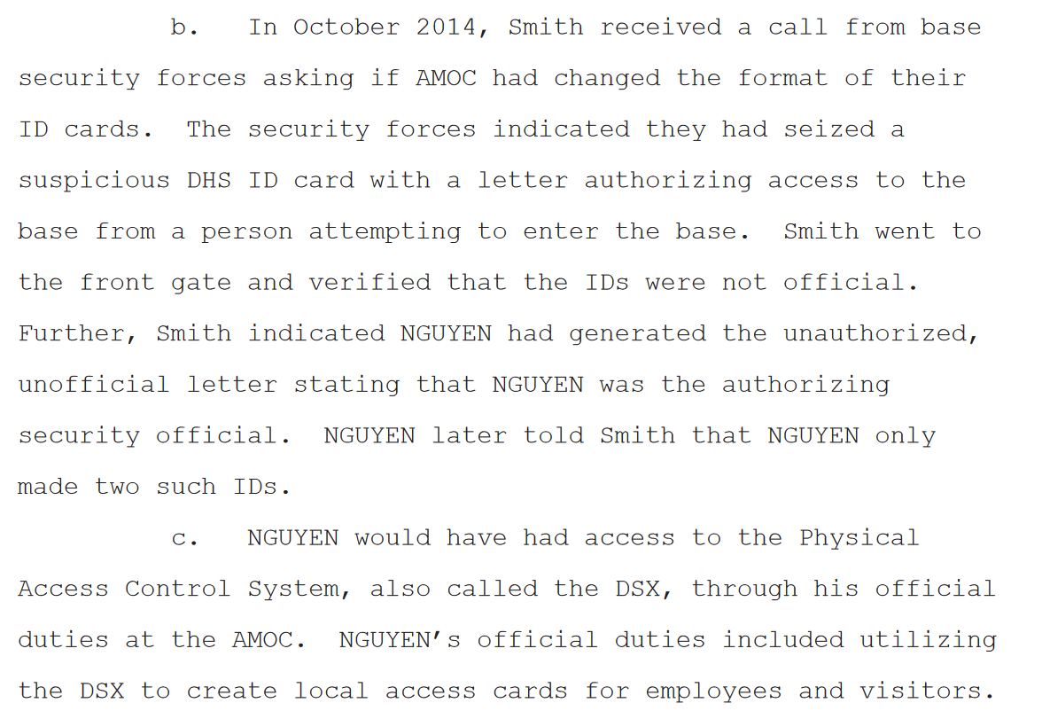 "In October 2014, Smith received a call from base security forces asking if AMOC had changed the format of their ID cards."