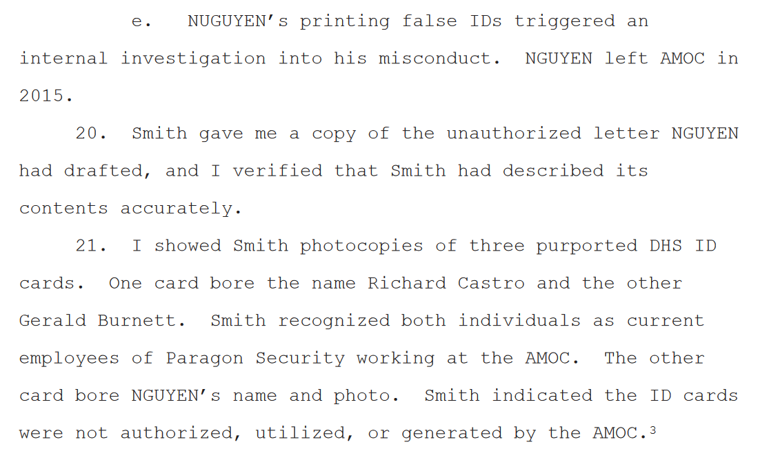 "In October 2014, Smith received a call from base security forces asking if AMOC had changed the format of their ID cards."