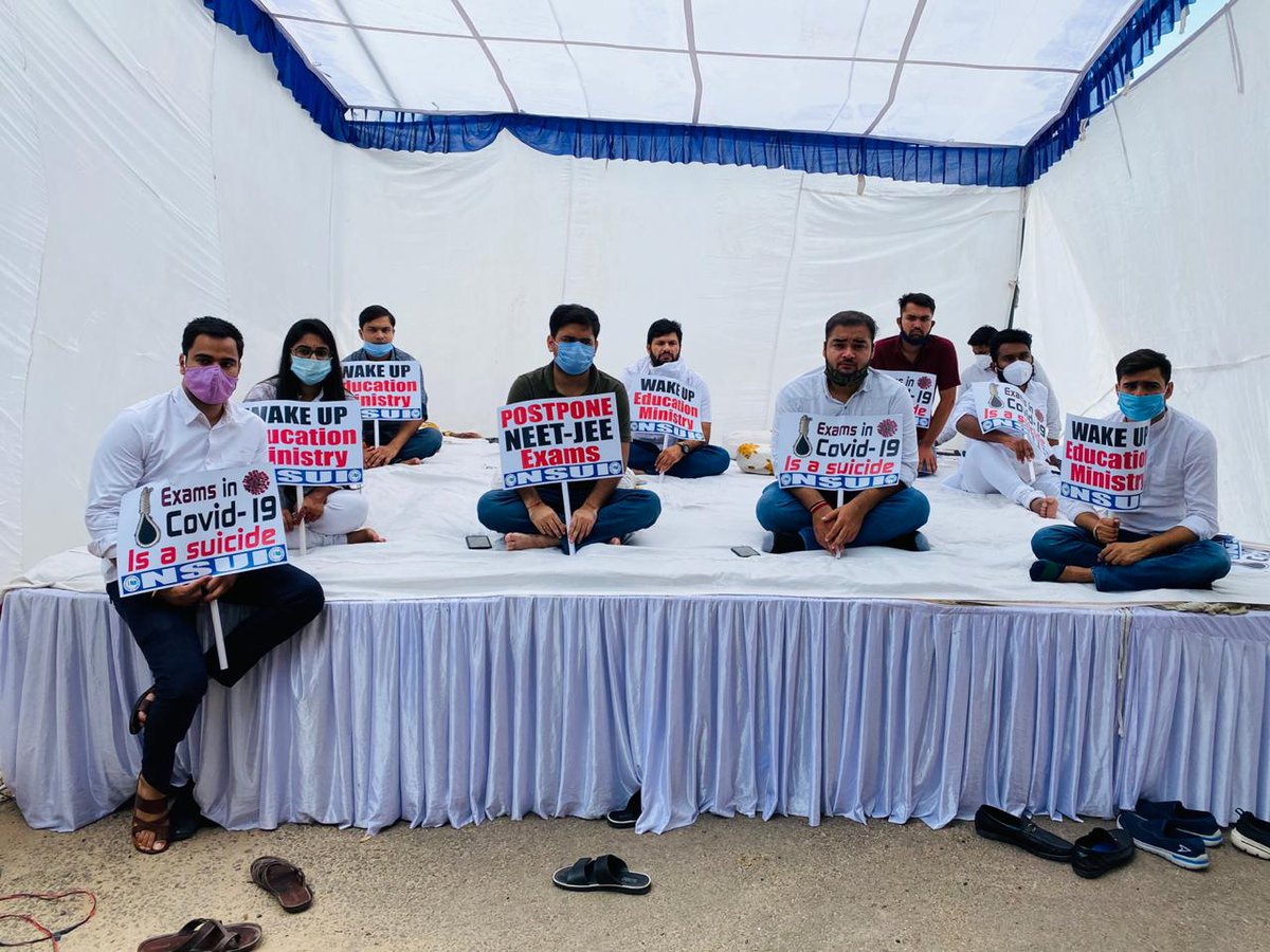 INCIndia's tweet photo. .@nsui President Shri @Neerajkundan &amp; other members are on a hunger strike to protest the #AntiStudentModiGovt decision to hold JEE &amp; NEET exams during the pandemic. 

The demands are simple: Do not put students' lives in danger, postpone the exams. https://t.co/GgPNmBYYRi