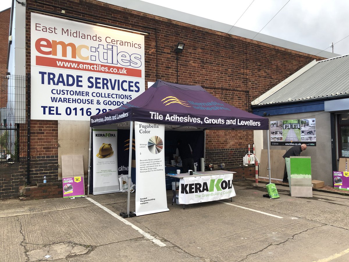 Chris_Kerakoll's tweet photo. A drier morning today for us to show you @KerakollUK #FugabellaColor and @tilemasteradhes #ExternalLeveller at @emctiles Leicester Trade counter. Come and try the products for yourself 👍 https://t.co/zADVq76MmM