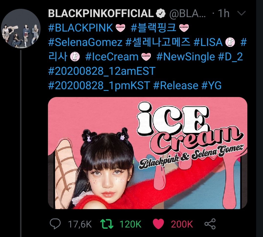 Lsa is the first female kpop idol to have 200k likes and 120k rts on ICE CREAM LISA teaser in just 1 hour!
