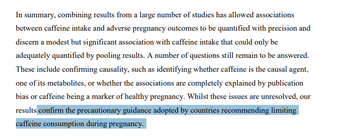 17/n Similarly, the Greenwood et al meta-analysis is cited as evidence that even small amounts of caffeine are probably harmful, but the authors don't really agree!