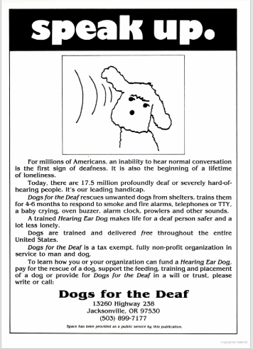 13/nAlthough dogs began as guides for the blind, by the 1980s, dogs were being trained to respond to smoke/fire alarms, phones and other sounds to help deaf handlers. This ad for Dogs for the Deaf was posted in  @NAACP’s Crisis mag in 1986 #DisHist  #NationalDogDay