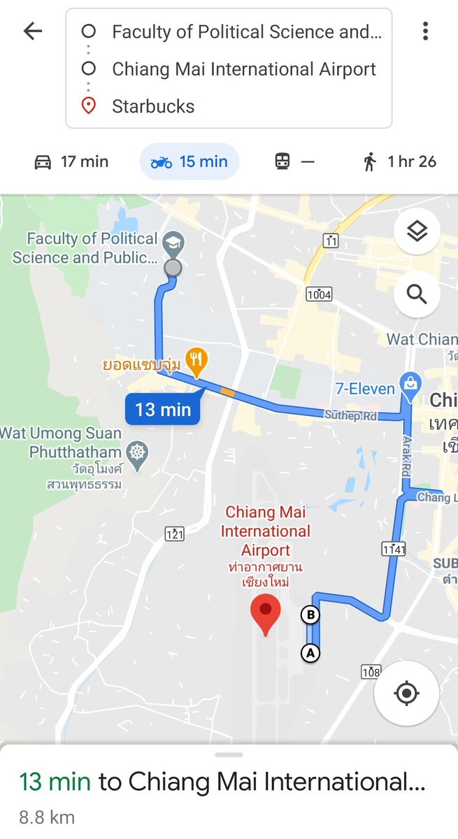 Surprise, surprise. Pluem decided to see Chimon at the airport because he was sulking. His class ended at 10.30 AM. I assumed he went from PolSci faculty. He had to drive from there to the airport for 8.8 km.