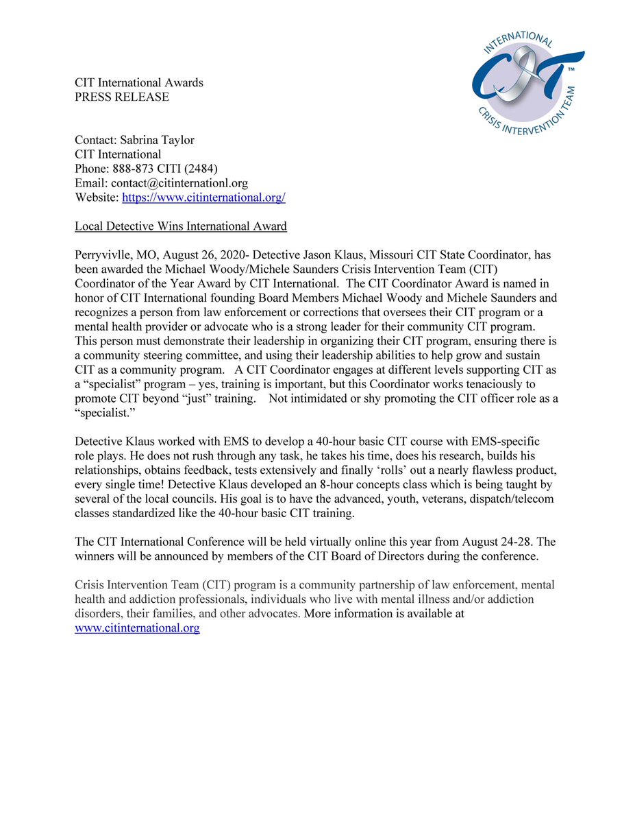 MOCIT4's tweet image. Two Missouri CIT members win CIT International Awards and will be recognized during their virtual conference awards ceremony, Wednesday, August 26th #mocit