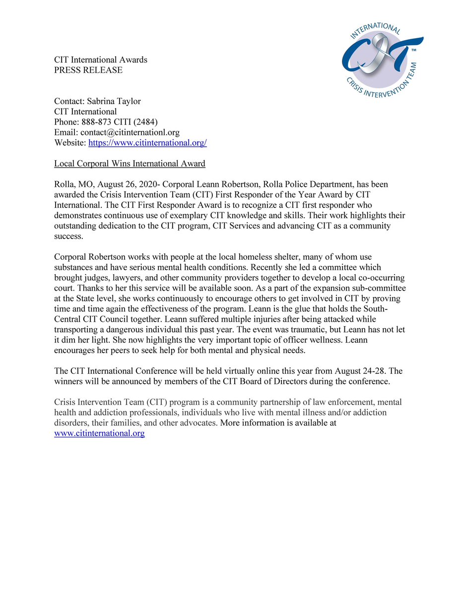 MOCIT4's tweet image. Two Missouri CIT members win CIT International Awards and will be recognized during their virtual conference awards ceremony, Wednesday, August 26th #mocit