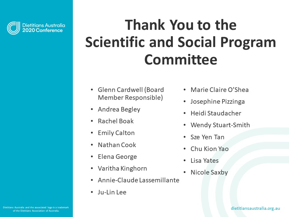 A big SHOUT OUT to the 2020 SSPC behind virtual #DA2020. This year, the faces of the SSPC are not so visible so here is the team in case you missed it! Thank you 2020 SSPC led by our fearless Board member <a href="/GlennCardwell/">Glenn Cardwell</a> 👏👏👏. 
Handing over to <a href="/TubeDietitian/">Lina Breik AdvAPD</a> see you in Melb 2021