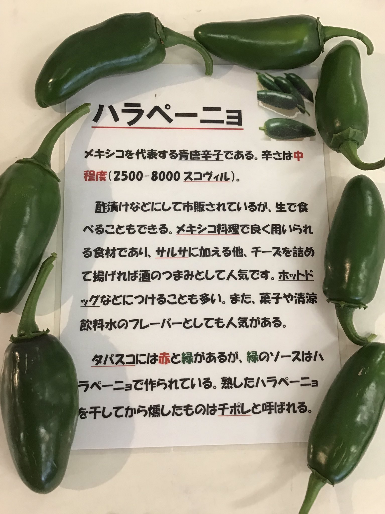道の駅 藤川宿 ハラペーニョ 最近は日本でもお馴染みになってきた メキシコを代表する青唐辛子の ハラペーニョ タバスコの緑のソースはハラペーニョで作られています もちろん辛い野菜ですが酢漬けにして生で食べることもできます ホットな夏にホット